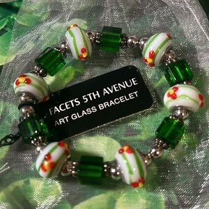 Facets 5th Avenue Art Glass Bracelet Stretchy Fashion Jewelry Green Yellow NEW